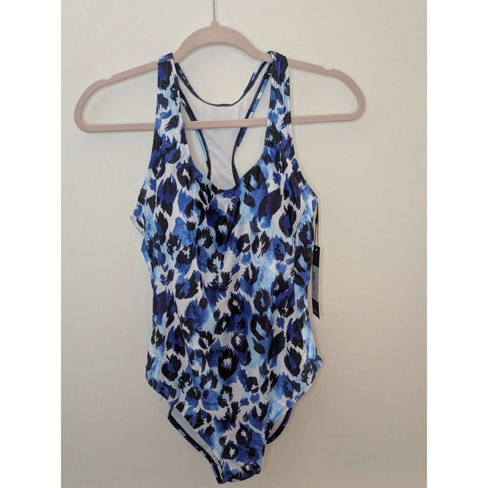 Nicole Miller Studio Womens Med Aqua Cheetah Racerback Swimsuit Pool Party